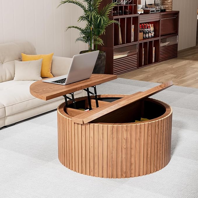 Fluted Lift Top Coffee Table with Hidden Storage, 31.6 Inch Round Coffee Tables for Living Room, Circle Wood Center Tables for Home (Walnut)