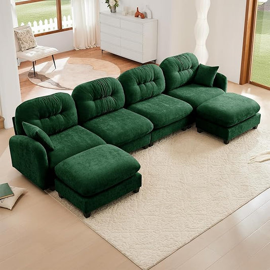 KEIKI 140" U-Shaped Oversized Chenille Modular Sectional Sofa with 2 Ottoman, High-Density Foam Cushions, Tufted Pleated Cushion Backrest, Modern 4-Seater Couch with 2 Pillow, for Living Room, Green