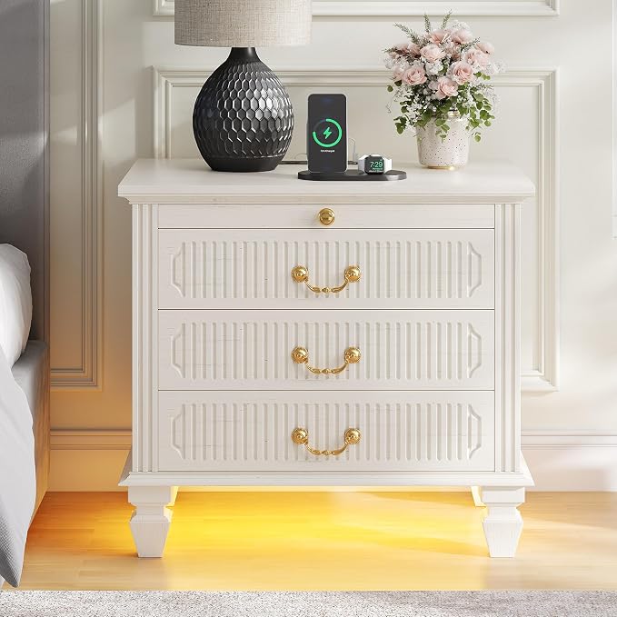 25.6'' Wide Bedside Table with 3 Drawers & Pull-out Tray, Smart Night Stand with Outlet & Charger Station, Large Nightstand with 3-color LED Lights, Farmhouse Solid Wood Leg for Bedroom, Antique White - Image 6