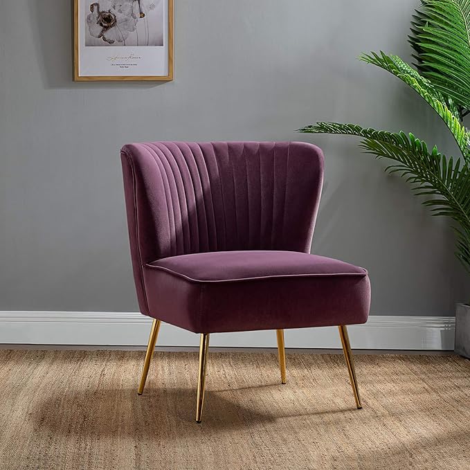 HULALA HOME Velvet Accent Chair, Modern Upholstered Cute Side Chair with Gold Metal Legs, Armless Wingback Slipper Chair Comfy Living Room Chair for Bedroom Guest Room Vanity, Purple