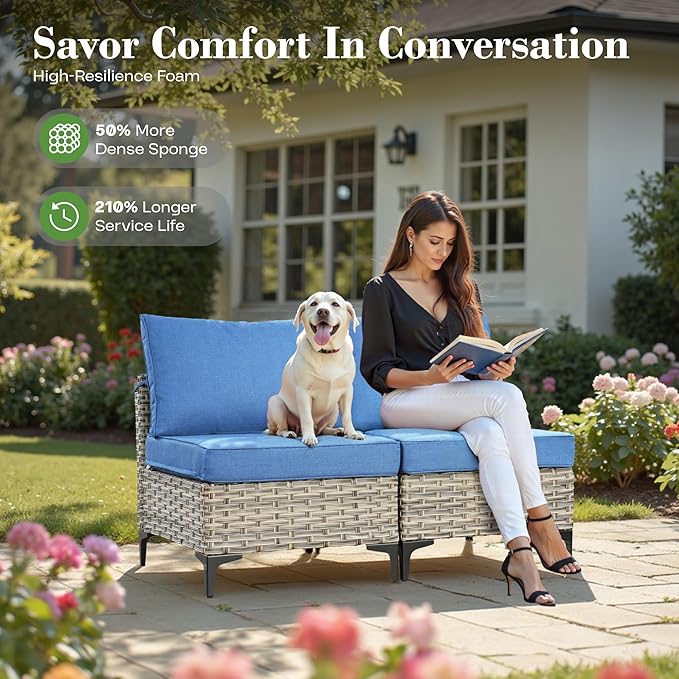 11 Pcs Patio Furniture with Fire Pit Table, Outdoor Rattan Wicker Conversation Set with Glowing Coffee Table, Comfy Sectional Sofa for Porch Balcony Backyard Pool, Light Blue