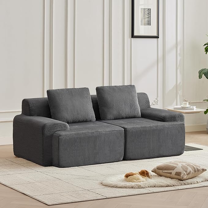 Modular Sectional Sofa with Movable Ottoman, 2 Seat Deep Seat Couch with 2 Pillows, Comfy Cloud Sectional Sofa for Living Room, Bedroom and Apartment (Grey, 2 Left+2 Right)