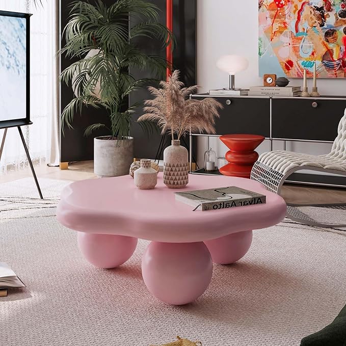 35" Modern Coffee Table Petal Shape Low Center Table Cute Irregular Indoor Tea Table with 3 Ball Legs for Living Room Apartment