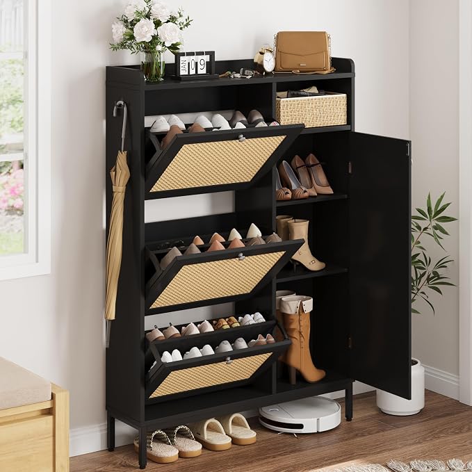 GarveeHome Shoe Cabinet Rattan with 3 Flip Drawers and 4-Tier Shoe Storage Cabinet, Freestanding Shoe Organizer with Adjustable Shelves for Entryway, Closet, Hallway (Black) by GarveeHome