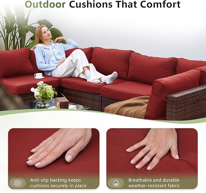Amopatio Patio Furniture Set Modular Outdoor Sectional 7 Piece Wicker Patio Set, Multiple Combinations Outdoor Sofa w/Coffee Table, Waterproof Cover Included, Burgundy