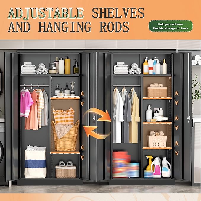 Greenvelly Metal Wardrobe Cabinet with Locking Doors, 72"H Black Metal Wardrobe Closet with Hanging Rods and Adjustable Shelves, Clothing Storage Closet for Home, Office, Employee, Gym (18" D x 36” W)