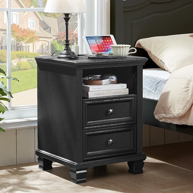 SAVOR LIFE Farmhouse Nightstand Set of 2 with Charging Station, Rustic Black Nightstand with Drawers, Bedside Table with Open Shelf for Bedroom, Black - Image 2