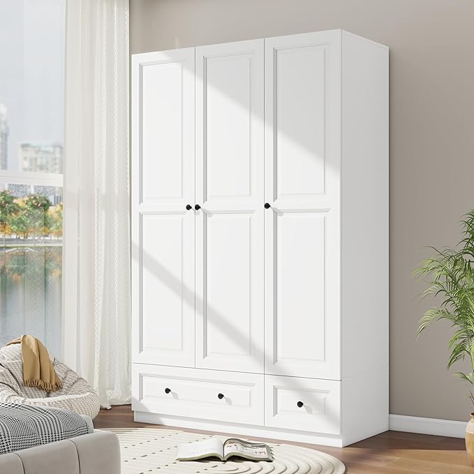 Armoire Wardrobe Closet with Drawer: Bedroom Wardrobe Closet for Hanging Clothes, Wood Cabinet for Clothes with Doors, Armoire with Shelves (White, 47")