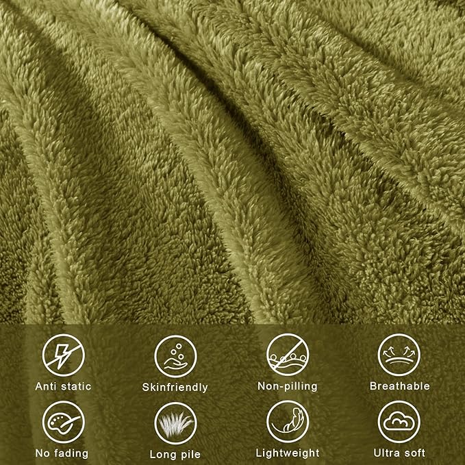 Exclusivo Mezcla Queen Size Blanket for Bed, Super Soft Velvet Plush Fleece Blankets, Fuzzy Cozy and Warm for Winter, 90x90 Inches, Olive Green