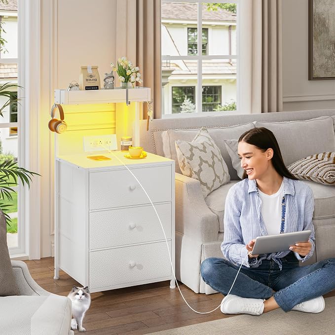 EnHomee Nightstand with Charging Station & Led, Nightstand with 3 Fabric Drawers, Bedside Table for Bedroom,Entryway, Hallway, Closet, 4 Hooks, 1 top Shelf, White - Image 7