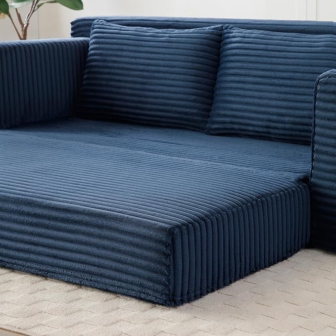 Convertible Sofa Bed, 2 in 1 Memory Foam Futon Couch, No Assembly Corduroy Foldable Sofa Bed, Comfy Floor Couch with 2 Pillows for Bedroom, Living Room, Apartment, Blue