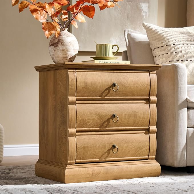 ACCOHOHO 22" Vintage Nightstand with 3 Curved Front Drawers & Retro Ring Pulls & Charging Station, Wood Bedside Table, End Table with Stable Base for Bedroom, Light Walnut Side Table by ACCOHOHO