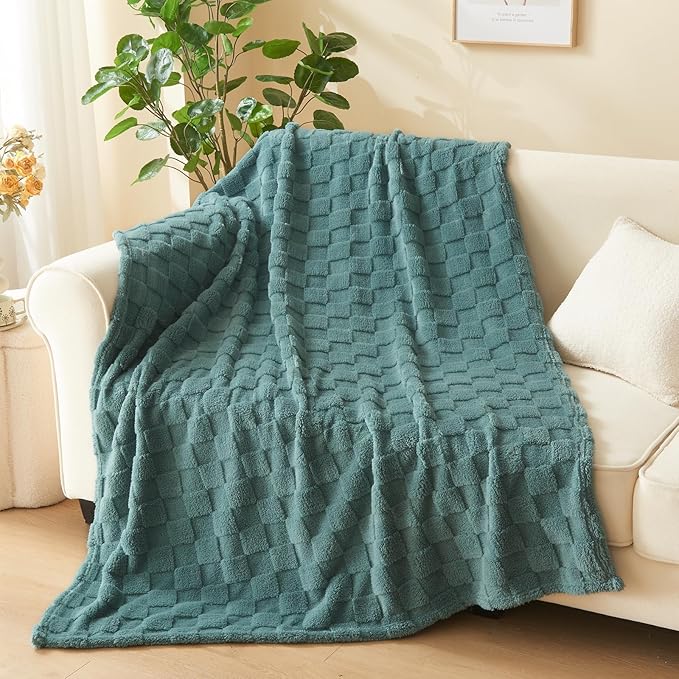 NEWCOSPLAY Super Soft Queen Blanket Light Teal Premium Silky Flannel Fleece 3D Checkered Lightweight Bed Blanket All Season Use (Light Teal Checkered, Queen(90"x90"))