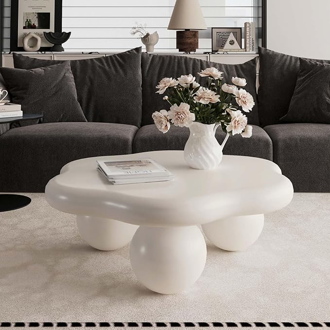 35" Modern Coffee Table Petal Shape Low Center Table Cute Irregular Indoor Tea Table with 3 Ball Legs for Living Room Apartment