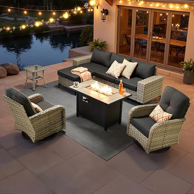 HOOOWOOO Outdoor Sectional Furniture Set with Fire Pit Table,8 Pieces Wicker Patio Conversation Sets,L Shape All Weather Outside Couch Sofa Set with Swivel Chairs Side Table Ottoman,Black