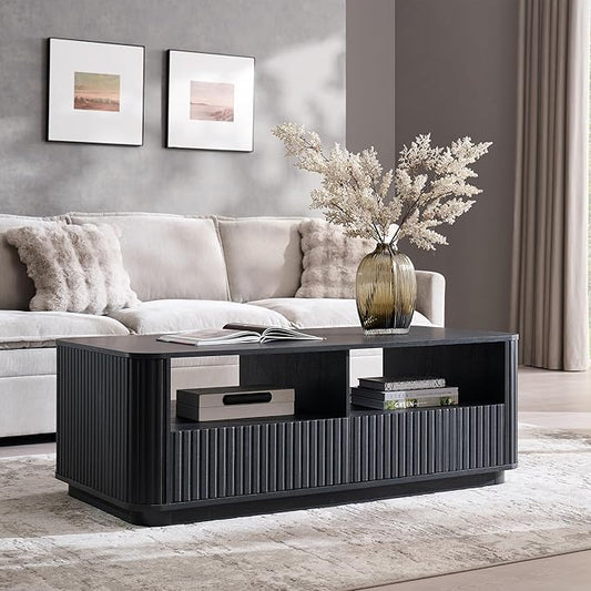 ACCOHOHO 51" Fluted Coffee Table with Storage, Large Modern Center Table with 2 Drawers, Rectangle Wood Coffee Table for Living Room