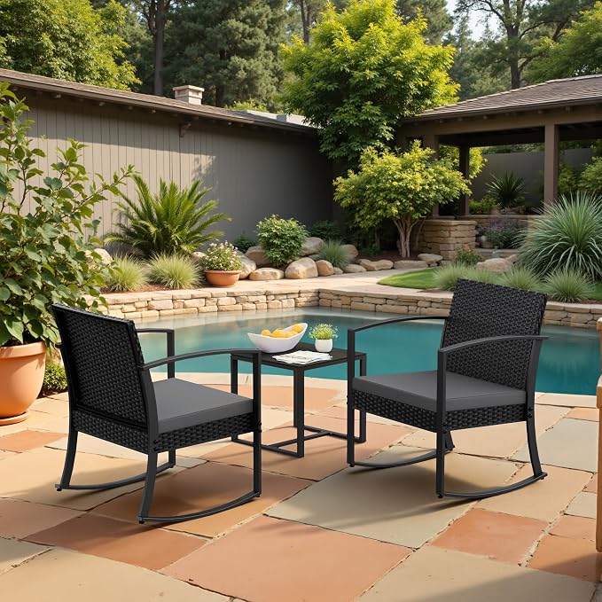 Homall Patio Furniture Set 3 Piece Resin Outdoor Bistro Set Rocking Patio Chairs with Cushions and Table for Porch, Poolside, Balcony and Yard (Grey) - Image 6