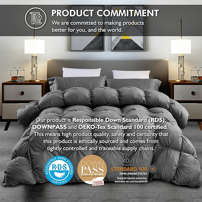 Luxurious Goose Down Feather Fiber Comforter Queen Size All-Season Duvet Insert, Premium Baffle Box, 100% Egyptian Cotton Cover, 65 oz Fluffy Fill Weight - Gray Pinch Pleat
