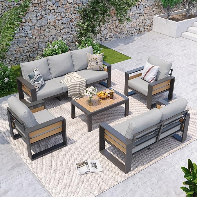 Aoxun Aluminum Patio Furniture Set, 7 Seats Luxury Metal Patio Conversation Sets with Coffee Table, Thick Cushions and Waterproof Cover, Modern Outdoor Furniture Set for Backyard/Poolside, Light Grey