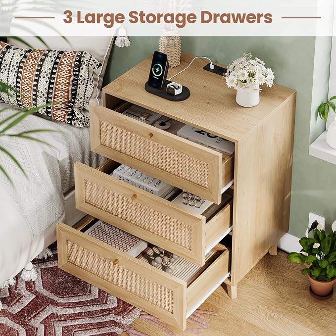 VIAGDO Rattan Nightstand Set of 2 with Charging Station, Natural Rattan Night Stand with 3 Large Wicker Decorated Drawers, Boho Bedside Table, End Side Table, 3 Drawer Dresser for Bedroom - Image 3