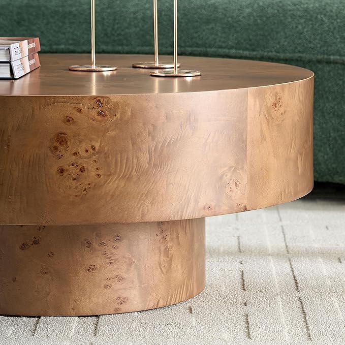 Round Coffee Table for Living Room,31.49" Modern Circle Drum Center Table with Burl Wood Veneer & Sturdy Pedestal,Small Wooden Circular Coffee Table for Apartment,Easy Assembly (Walnut)