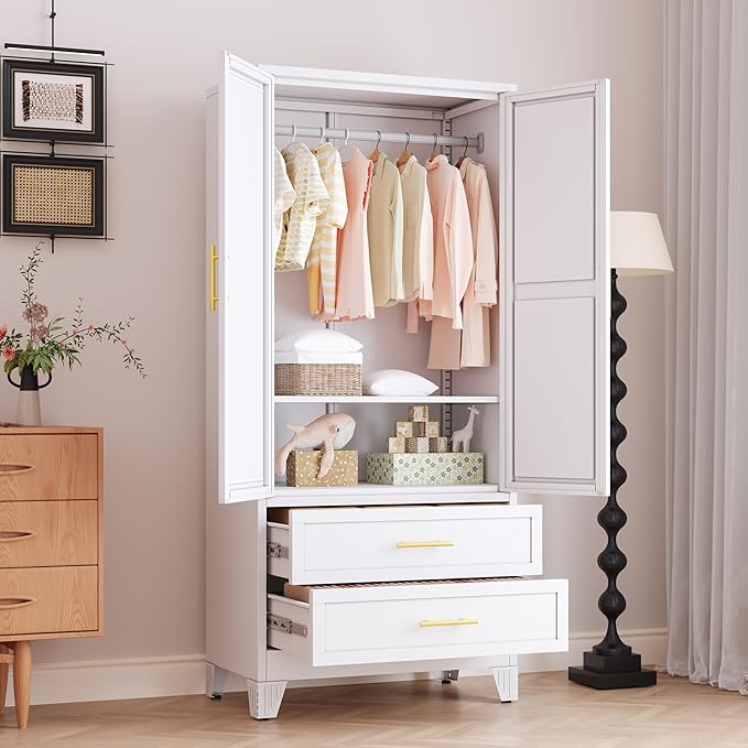 Ckzbx 71" H Metal Armoire Wardrobe Closet with Mirror, Adjustable Shelves, Clothes Drying Pole, Steel Wardrobe Cabinet for Bedroom (2 Drawers White)