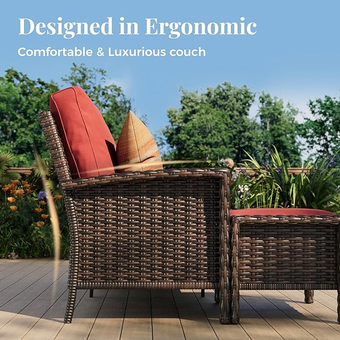 4-Piece Wicker Patio Furniture Set with Swivel Chairs, High Back Outdoor Sofa with 5.5-inch Thick Cushion, All-Weather Wicker Patio Conversation Set for Deck Yard Pool, Red