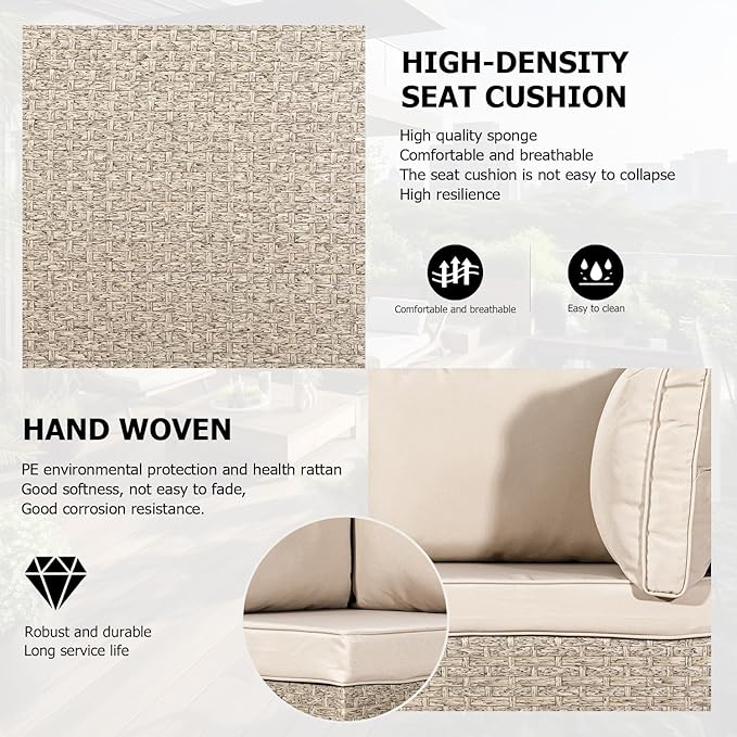 7-Piece Wicker Patio Furniture Set, Outdoor Conversation Set Sectional Sofa with Water Resistant Thick Cushions and Coffee Table, Beige