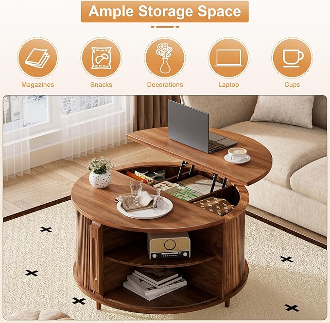 Round Lift Top Coffee Table, 31.5" Fluted Wood Lift Up Center Table with Sliding Door & Hidden Storage – Mid Century Modern Circle Coffee Table for Living Room, Home Office, Apartment (Walnut)