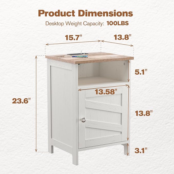 Nightstand with Charging Station, Farmhouse Night Stand Bedside Table with Open Shelf & Enclosed Cabinet, Wooden End Table with USB Ports & Outlets for Bedroom - Image 3