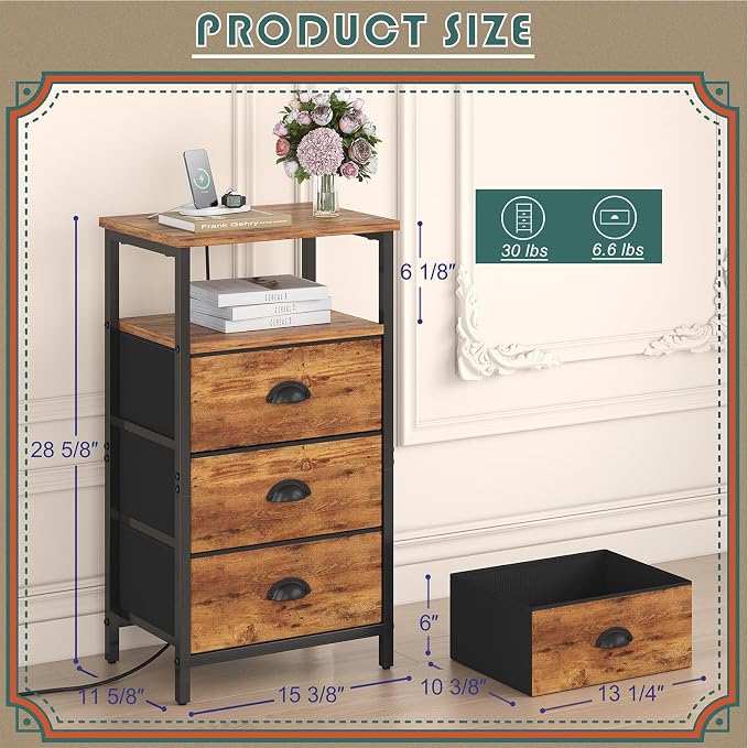 sthmec Nightstand with Charging Station,LED Night Stand with 3 Fabric Drawers, Bedside End Tables, 2-Tier Open Storage Shelf Side Table Nightstand with Drawers for Bedroom,Rustic Brown - Image 3