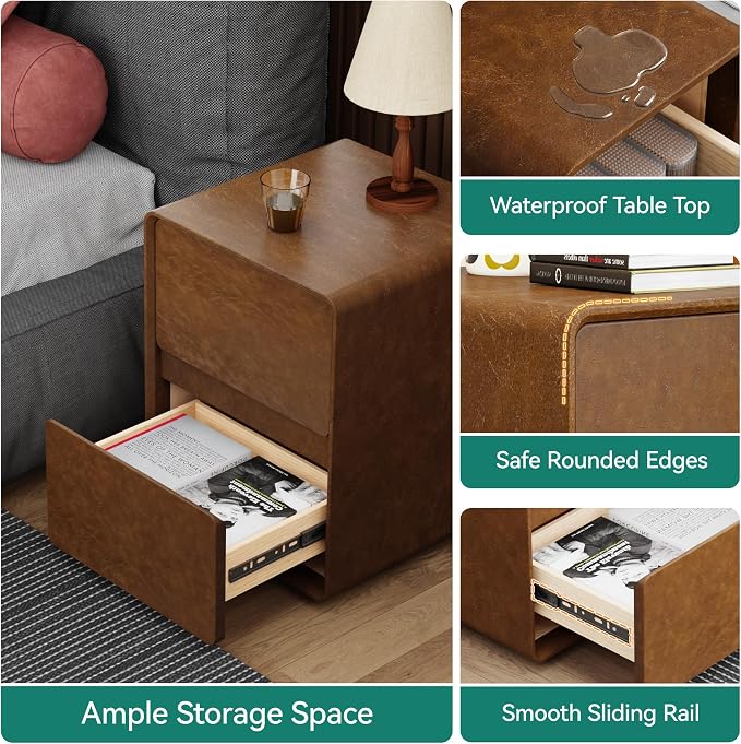 15.8" W Leather Narrow Nightstand Set of 2, Modern Fully-Assembled Bedside Table with 2 Drawers, Night Stand Small End Table & Side Table for Bedroom, Brown - Image 8