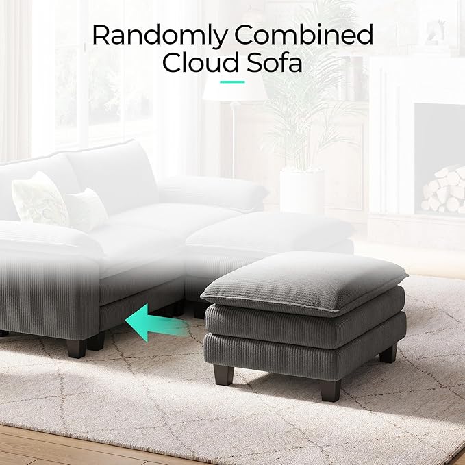 LINSY HOME Modular Sectional Sofa - 90 Inch Oversized Corduroy Cloud Couch with Movable Ottoman Soft Modern Comfy Sofa Set for Living Room Apartment Office, Grey