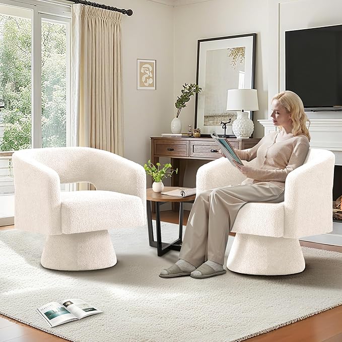 ClinQ Swivel Barrel Accent Chair, Oversized Teddy Upholstered Round Swivel Chairs Set of 2, Modern Luxury 360° Living Room Vanity Chair for Bedroom Office&Living Room, White