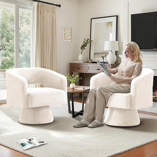 ClinQ Swivel Barrel Accent Chair, Oversized Teddy Upholstered Round Swivel Chairs Set of 2, Modern Luxury 360° Living Room Vanity Chair for Bedroom Office&Living Room, White
