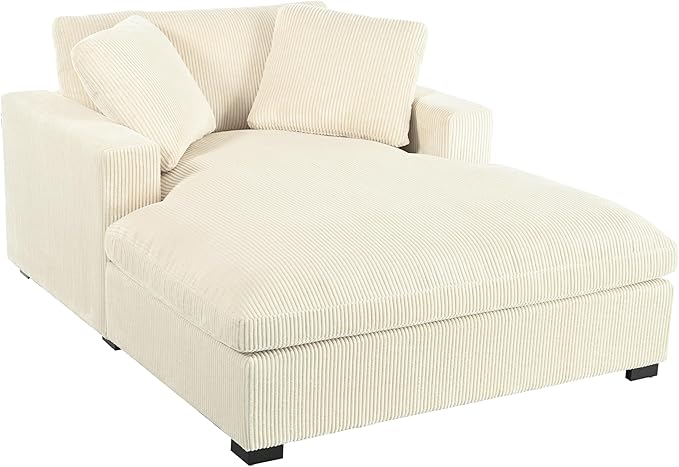 Christopher Knight Home Larrz Oversized Chaise Lounge Chair Indoor, Corduroy Upholstered Sleeper Sofa Couch, Durable Wood Frame, Deep Seat Reading Chair with 2 Throw Pillows and Armrests, Beige