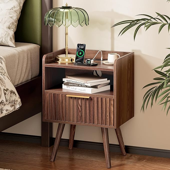 Huuger Nightstand with Charging Station, USB-C Port, Fluted Night Stand with Drawer, Bed Side Table with Solid Wood Feet, Open Storage, End Table with Raised Edge, for Bedroom, Walnut by Huuger