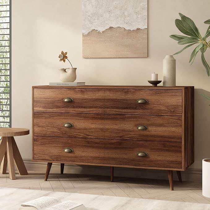 CARPETNAL Walnut Brown Dresser for Bedroom, 6 Drawer Dresser with Wide Drawers and Metal Knob, Wood Dressers & Chest of Hallway, Entryway. by CARPETNAL