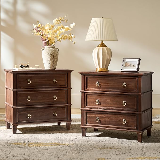 HULALA HOME Farmhouse End Tables Set of 2 with 3 Drawers, Paulownia Solid Wood Side Table with Vintage Knobs, Ancient End Table with Charging Station, Easy Assembly, Walnut by HULALAHOME