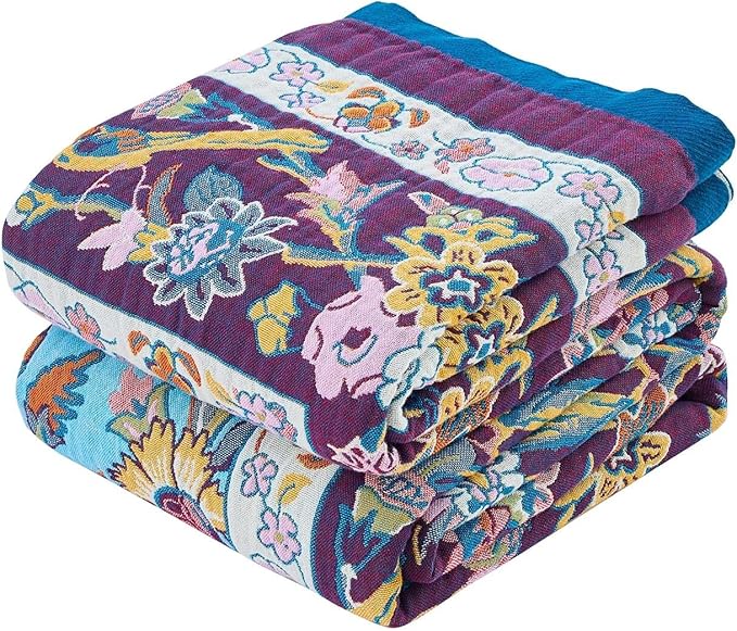 XIBLC Fall Blanket for Bed, 100% Cotton Soft Rustic Boho Throw Blanket Quilt, 50"x60" Farmhouse Decor Bed Flower Blankets, Light Weight Reversible Bohemian Throw Quilt