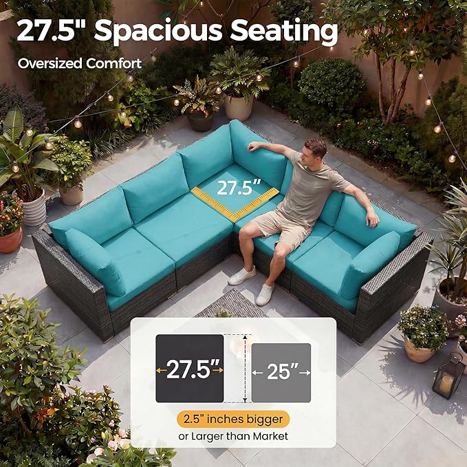 NICESOUL 11 Piece Patio Furniture Set with Fire Pit Table Natural Gas/Propane, 29.3'' High Back Large Outdoor Patio Sectional with Fire Pit & Chaise Lounge, Wicker Deep Seating, Turquoise & Grey