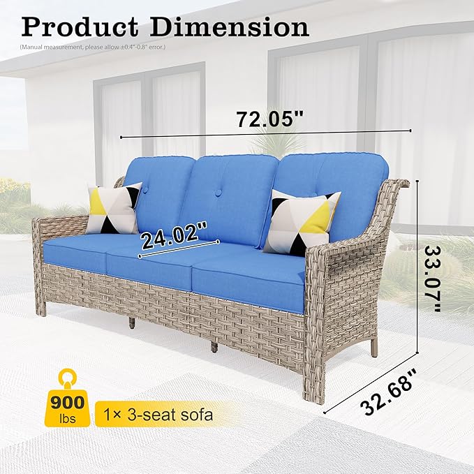 HOOOWOOO Patio Couch,Outdoor Wicker 3 Seater Sofa,All Weather Resistant High Back Rattan Deck Matching Furniture(Diamond Blue)