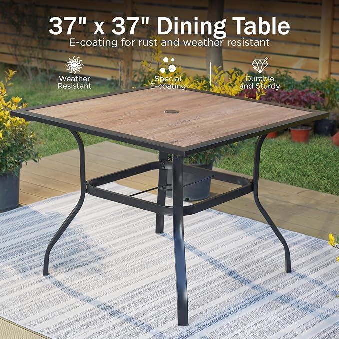PHI VILLA 5 Pieces Outdoor Dining Set for 4, 37" Square Wood-top Metal Table & Wrought Iron Chairs, All Weather Large Outside Furniture with Cushions & Pillows for Patio, Deck, Porch - Image 6