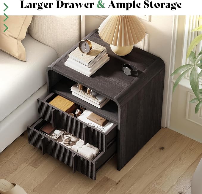 AMERLIFE Fluted Night Stand Set 2 with Storage Drawers, Modern Small Nightstand & Bedside Table with Open Shelf, Curved Profile Design & Pine Handles, Wood End Table for Bedroom, Black - Image 3