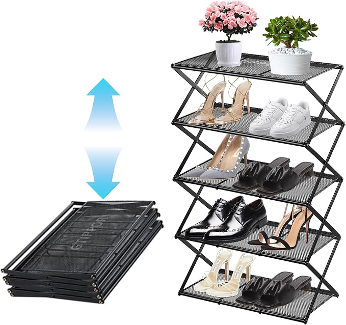 Shoe Rack for Entryway 5 Tier Foldable Shoe Rack Without Assembly Collapsible Metal Shoe Organizer Folding Shoe Storage Rack for Door, Living Room, Black by GTIPPOR