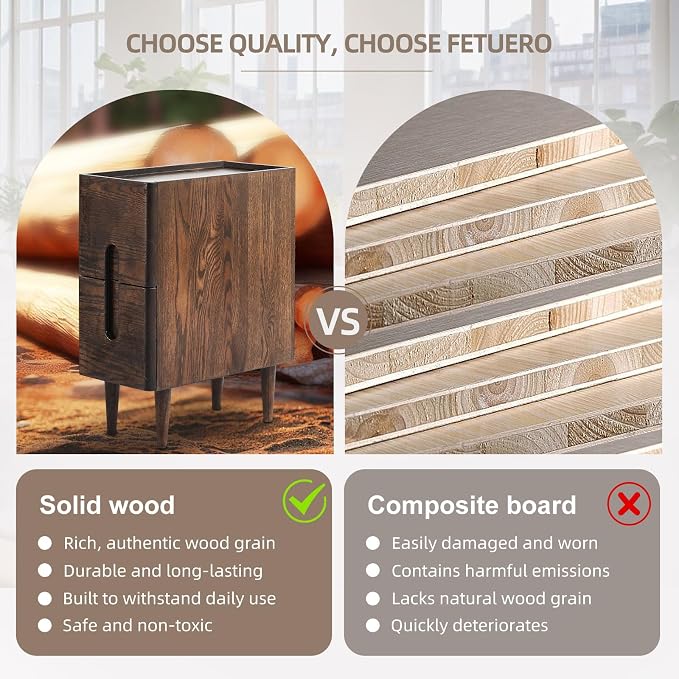 Solid Wood Bedside Table Nightstands, Slim Narrow Oak Real Wooden Mid-Century Modern End Table with Drawers Luxury Side Table Durable Cabinet Organizer Furniture, Walnut Color 7.87in Wide - Image 5