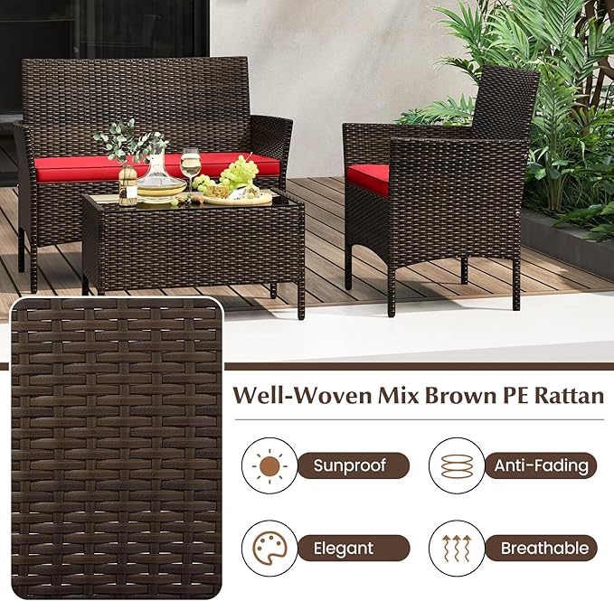 KOTEK 4 Piece Patio Furniture Set, Outdoor Rattan Conversation Set with Loveseat, Wicker Chairs, Tempered Glass Coffee Table, Wicker Patio Set for Backyard, Porch (Red)