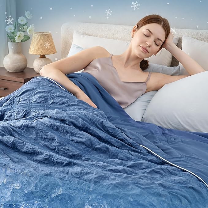 Cozy Bliss Cooling Comforter Seersucker Plaid King Size, Q-Max 0.45 Lightweight Cooling Blanket, Breathable Silk Smooth Summer Bedding Quilt for Hot Sleepers Night Sweats Denim Blue