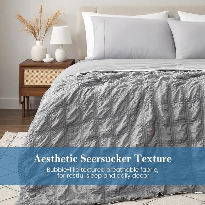 Cozy Bliss Cooling Comforter Seersucker Plaid Queen Size, Q-Max 0.45 Lightweight Cooling Blanket, Breathable Silk Smooth Summer Bedding Quilt for Hot Sleepers Night Sweats Dark Grey