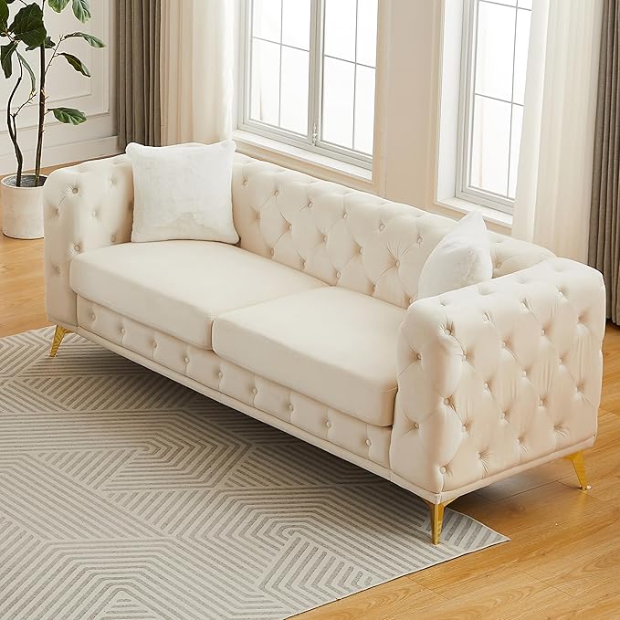 KEIKI 83" Luxury Oversized Velvet Chesterfield Sofa with 2 Pillows, Mid-Century Style 3-Seater Tufted Buttons Couch with High-Density Foam Cushions, Easy Assembly, for Apartment, Living Room, Beige
